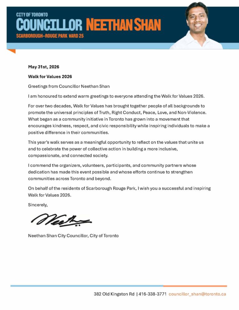 Walk for Values 2026 Toronto - Greetings from Councillor Neethan Shan