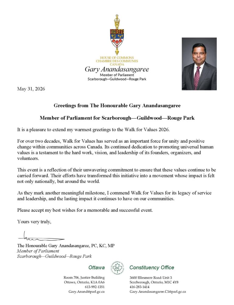 Walk for Values 2026 Toronto - Greetings from MP Gary Anandasangaree