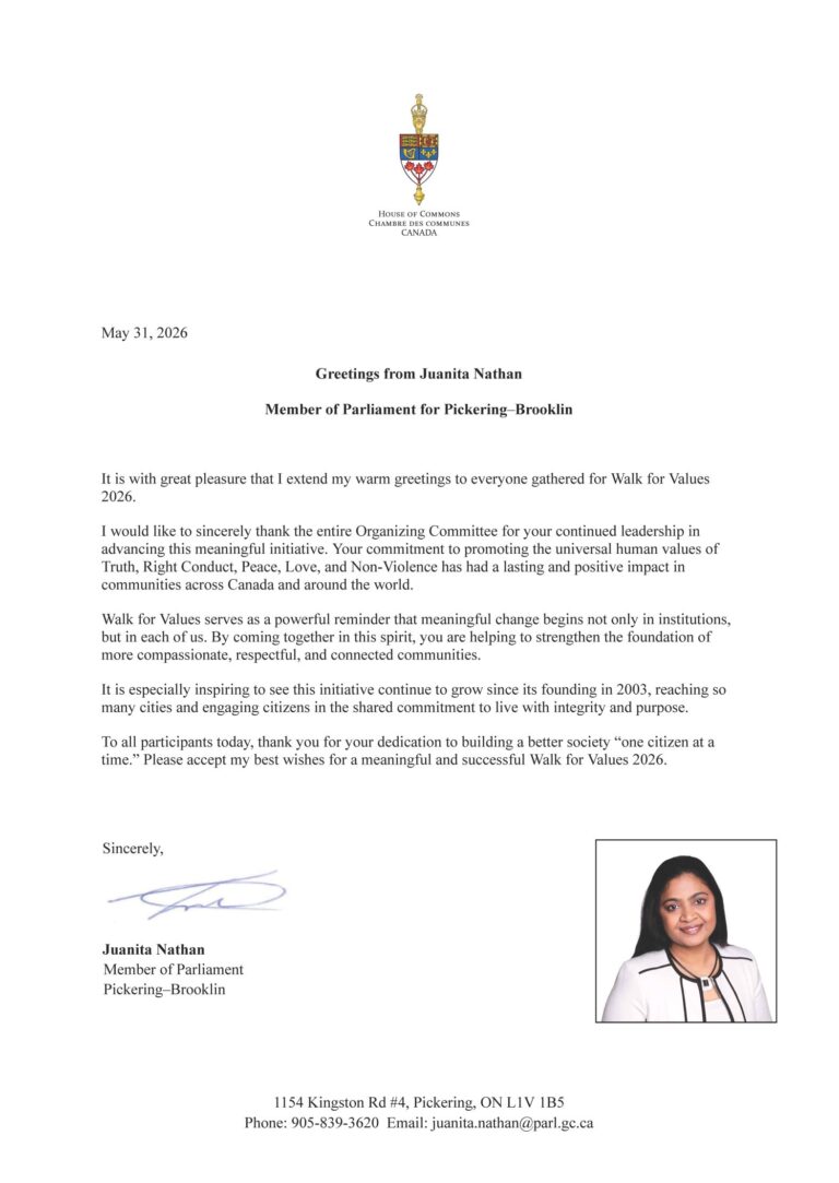 Walk for Values 2026 Toronto - Greetings from MP Juanita Nathan