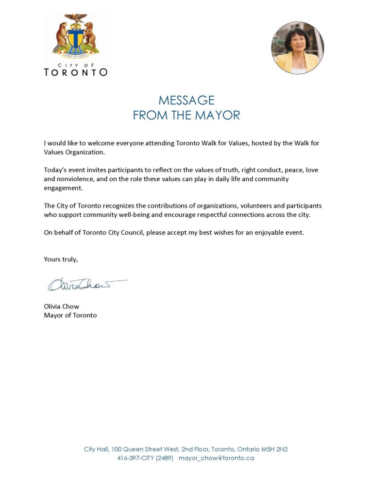 Walk for Values 2026 Toronto - Message from the Mayor Olivia Chow