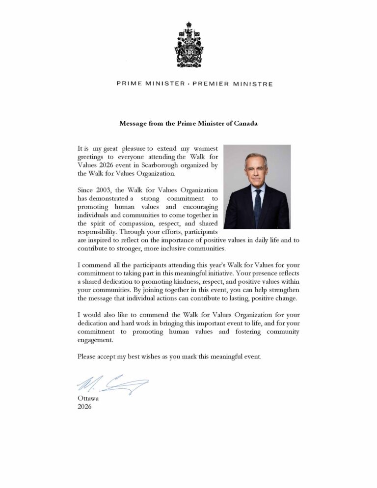 Walk for Values 2026 Toronto - Message from the Prime Minister of Canada Mark Carney